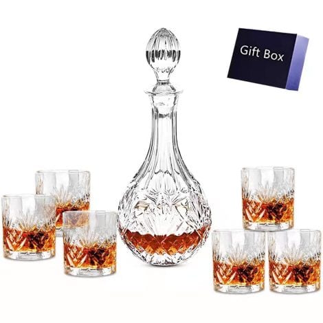 Iceberg Whiskey Decanter Set – Lead-Free Crystal Glass, Scotch Tasting Cups, Bourbon Glasses, Irish Whisky, 1 Decanter & 6 Glasses in a Gift Box.