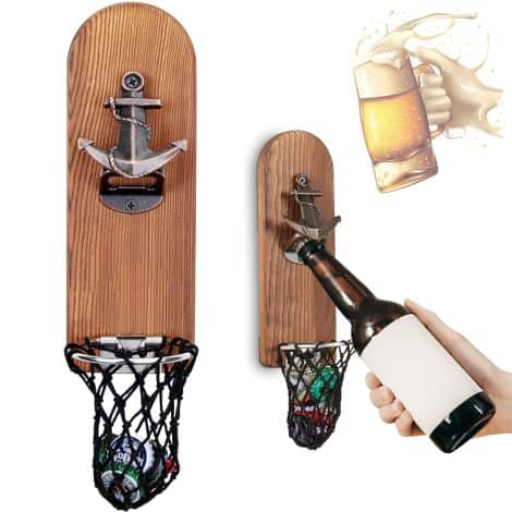 Wooden Beer Bottle Opener with Net Catcher, Customizable Boat Anchor Wall Mounted Opener, Bar Accessory for Kitchen or Outdoor, Great Beer Gift for Men (Style 4)