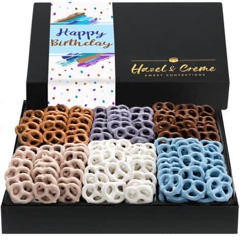 Celebrate with a variety of tasty yogurt pretzels in a gourmet gift box of 6 flavors. (16 words)