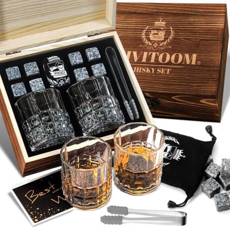 Men’s Whiskey Glass Set with Wooden Box, 8 Whisky Rocks, and 2 Glasses – Perfect Gift for Dad or Husband.