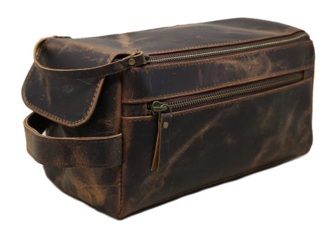 jaald Buffalo leather toiletry bag for men, waterproof Dopp kit for travel, grooming, and gift purposes.