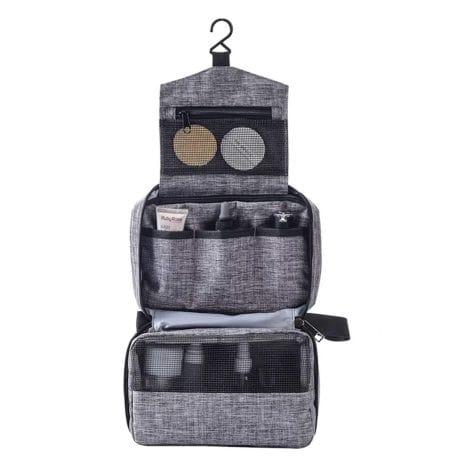 Grey Polyester Hanging Toiletry Wash Bag for Men and Women, with Convenient Hanging Hook.