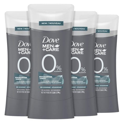 Dove Men+Care 0% Deodorant Stick, Aluminum free, Eucalyptus+Birch Moisturizer, 2.6 oz, Gray, Pack of 4.