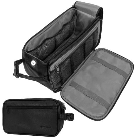 Black leather PAVILIA travel toiletry bag for men, water-resistant dopp kit for grooming and hygiene essentials.