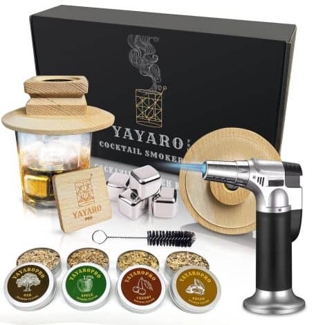 YAYAROpro Cocktail Smoker Kit enhances your drinks with smoky flavors, includes 4 wood chips, whiskey cubes, and brush. Ideal gift for men.