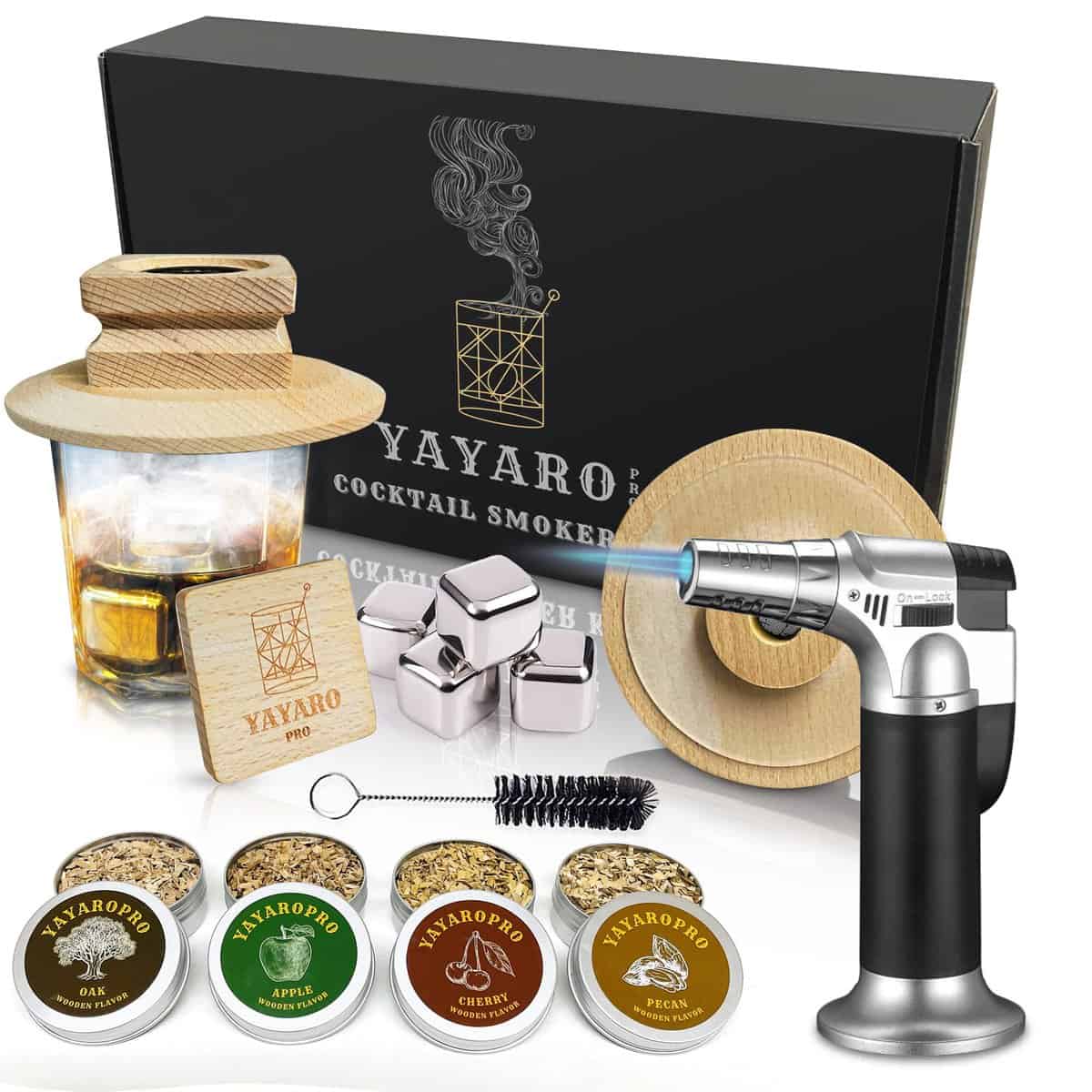 YAYAROpro Cocktail Smoker Kit - Smoke Infuser Drinks for Old Fashioned, Bourbon, Scotch Whiskey & Wine, with Silicone Gasket, 4 Flavored Wood Chips, 4 Stainless Whiskey Cubes & Brush - Gift for Men