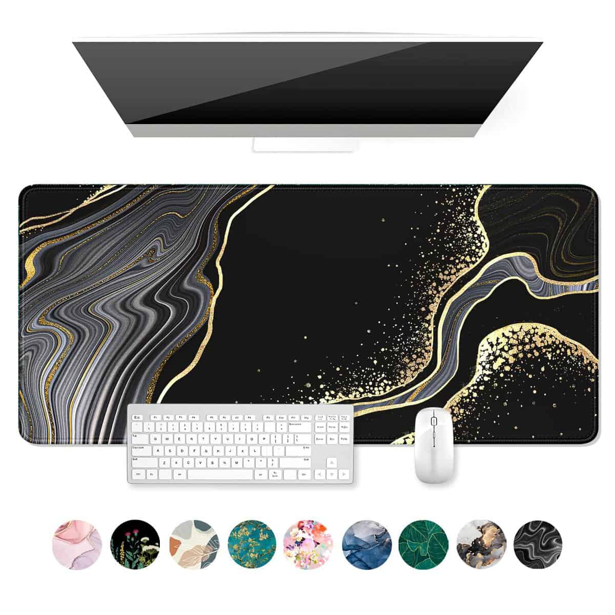 Auhoahsil Extended Mouse Pad, XXL Desk Pad Gaming Mousepad, Large Big Laptop Computer Keyboard Desk Mat with Non-Slip Base Stitched Edge for Gaming Office Men Women, 35.5 x 15.7 in, Black Marble