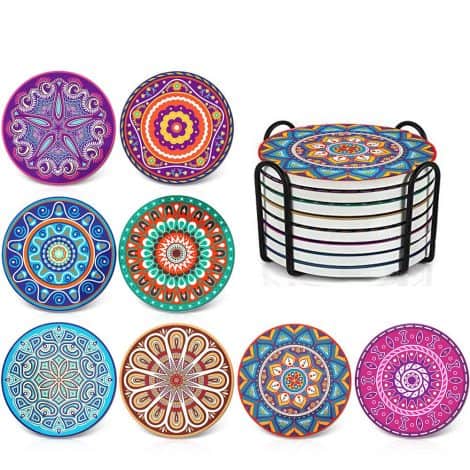 Set of 8 Mandala Coasters – Absorbent Stone with Cork Base and Holder, Perfect for Gifts.