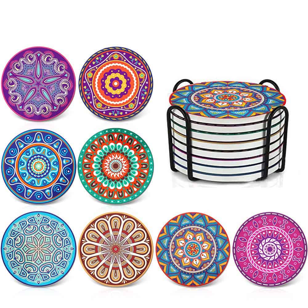 Absorbing Stone Mandala Coasters for Drinks - Cork Base, with Holder, Unique Present for Friends, Men, Women, Funny Birthday Housewarming Gifts, Apartment Kitchen Room Bar Decor, Set of 8