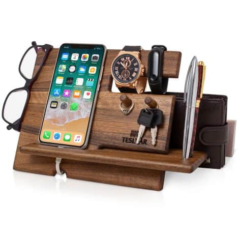 Wooden Phone Docking Station with Key Hooks, Wallet Stand, Watch Organizer – Ideal Gift for Men.