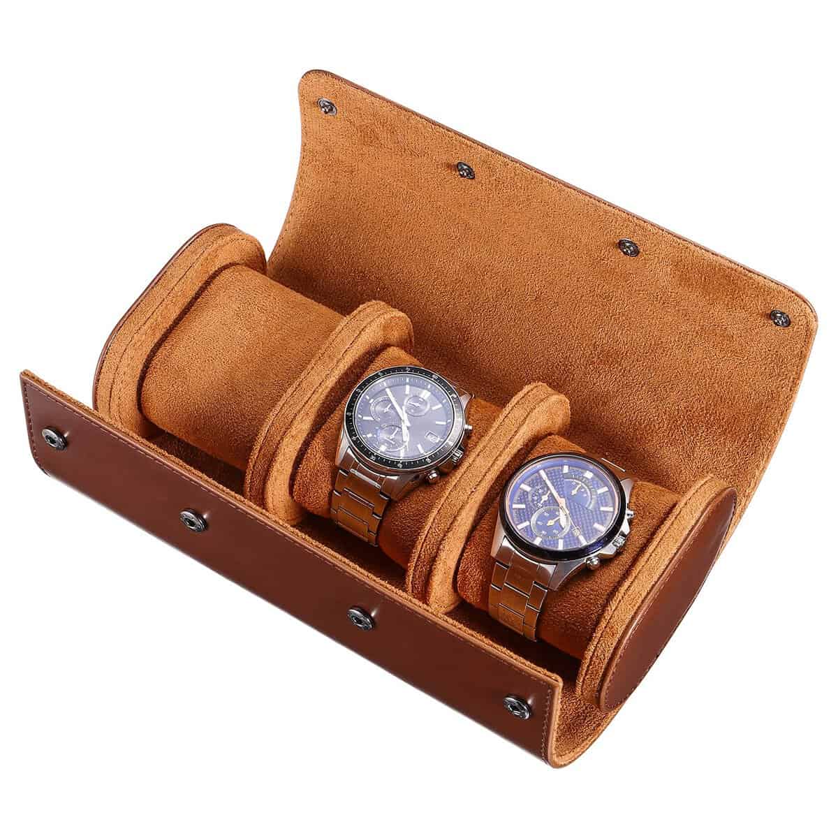 POPETPOP Watch Roll Travel Case - Portable 3 Watch Display Storage Jewelry Organizer, Watch Box Organizer for Mens