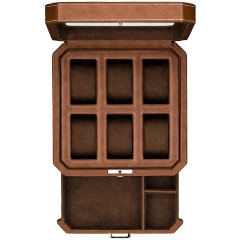 Luxurious ROTHWELL 6-Slot Leather Watch Box – Perfect for men’s watches, offers secure storage with elegant style. (Tan/Brown)