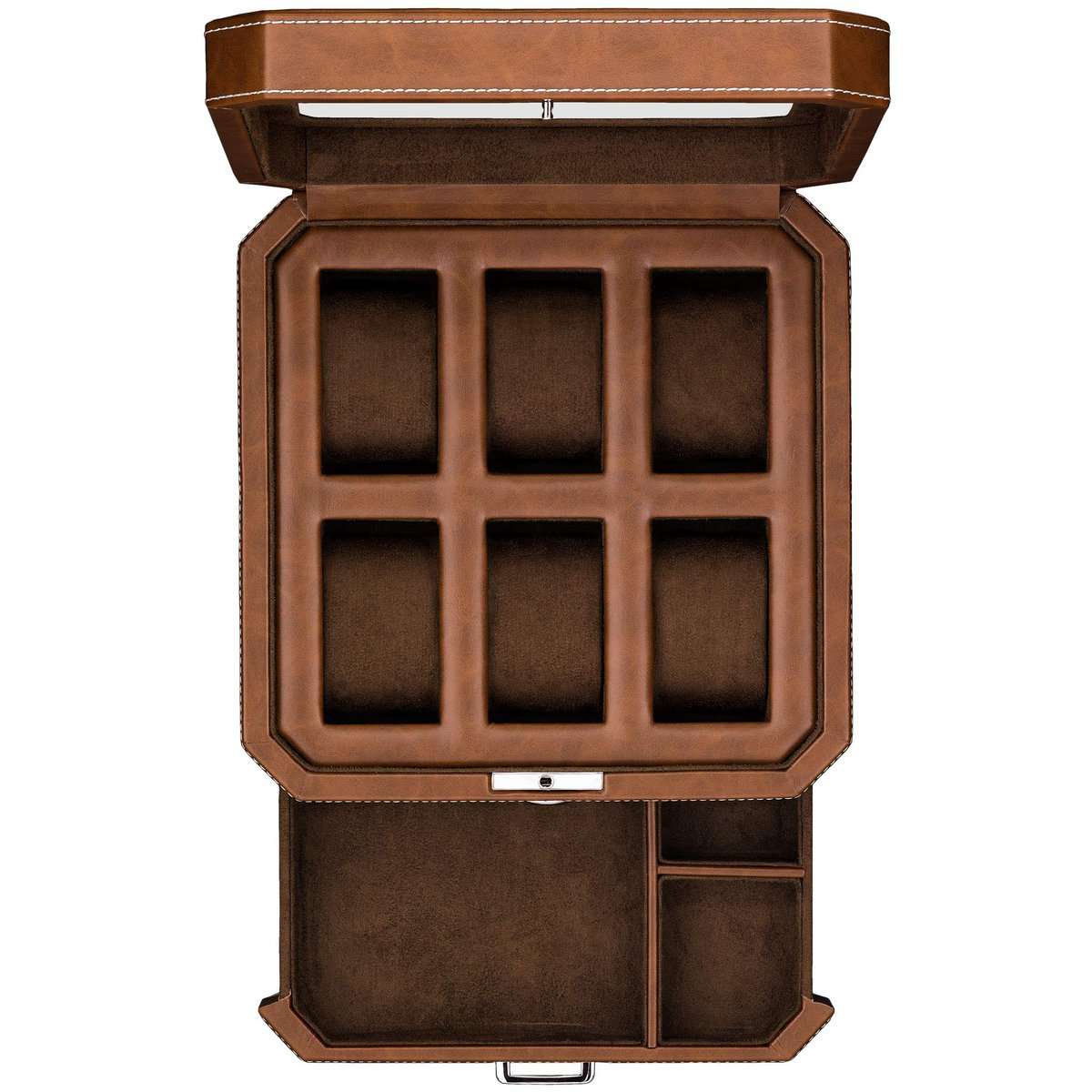 ROTHWELL 6 Slot Leather Watch Box with Valet Drawer - Luxury Watch Case Display Organizer, Microsuede Liner, Locking Mens Jewelry Watches Holder, Men's Watch Storage Large Glass Top (Tan/Brown)