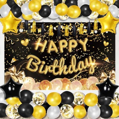 Tiokkss Black Gold Happy Birthday Party Decorations Set – 100 Pcs for Boys, Girls, Men, Women.