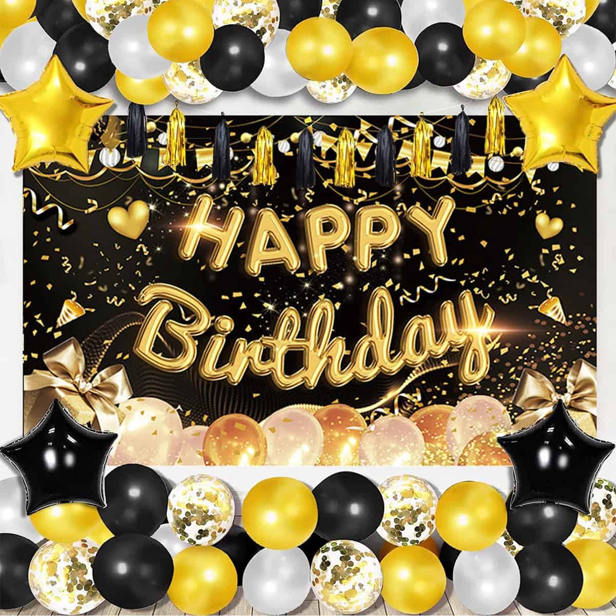 Tiokkss Happy Birthday Party Decorations Set, 100 Pcs Black and Gold Birthday Photography Backdrop Banner Package for Boys Girls Men Women Balloons Birthday Party Set (Black Gold)