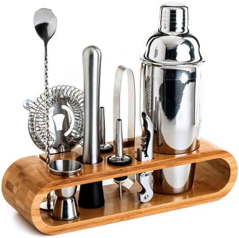 Bamboo Stand Bar Tool Set: 11-Piece Bartender Kit for Stylish Home Bartending and Cocktail Mixing, includes Exclusive Recipes.