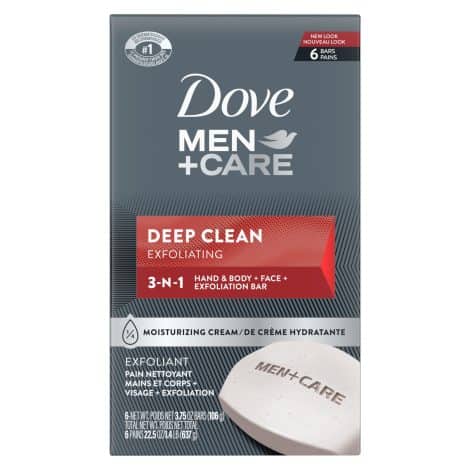 Dove Men+Care Deep Clean Bar Soap, 4 oz, 6-Pack, for Body and Face.