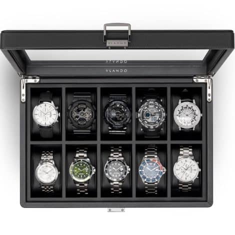 Vlando Men’s Watch Box: Sleek Black Organizer with 10 Slots, Textured Leather, Soft Pillow – Perfect Father’s Day Gift.