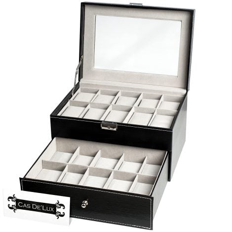 Luxury Watch Box Organizer with 20 Slots, glass lid, secure lock, and elegant design for men and women.