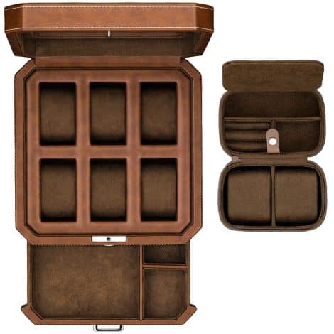 Luxurious ROTHWELL Gift Set: Leather Watch Box with Drawer, Microsuede Liner, Locking Jewelry Box. Ideal for storing men’s watches.