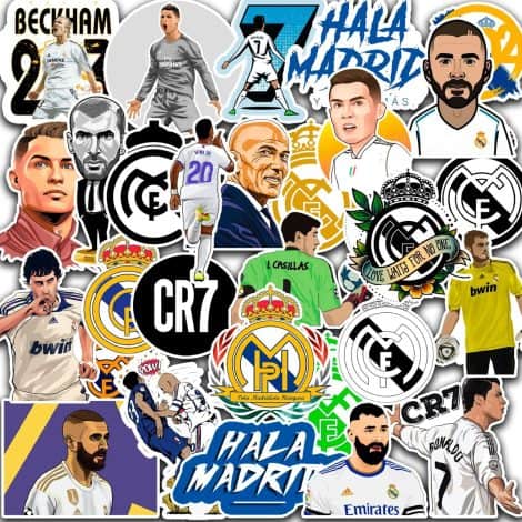 Real Madrid Soccer Stickers – 30 pieces featuring Cristiano Ronaldo, Karim Benzema, Zinedine Zidane. Perfect for Car, Laptop, Phone.