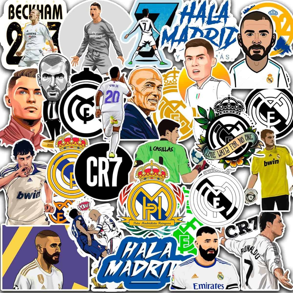 30 PCS FC Real Soccer Madrid Sticker Cristiano Aesthetic Ronaldo Stickers Benzema Decal Zidane Vinyl for Car Water Bottle Laptop Phone