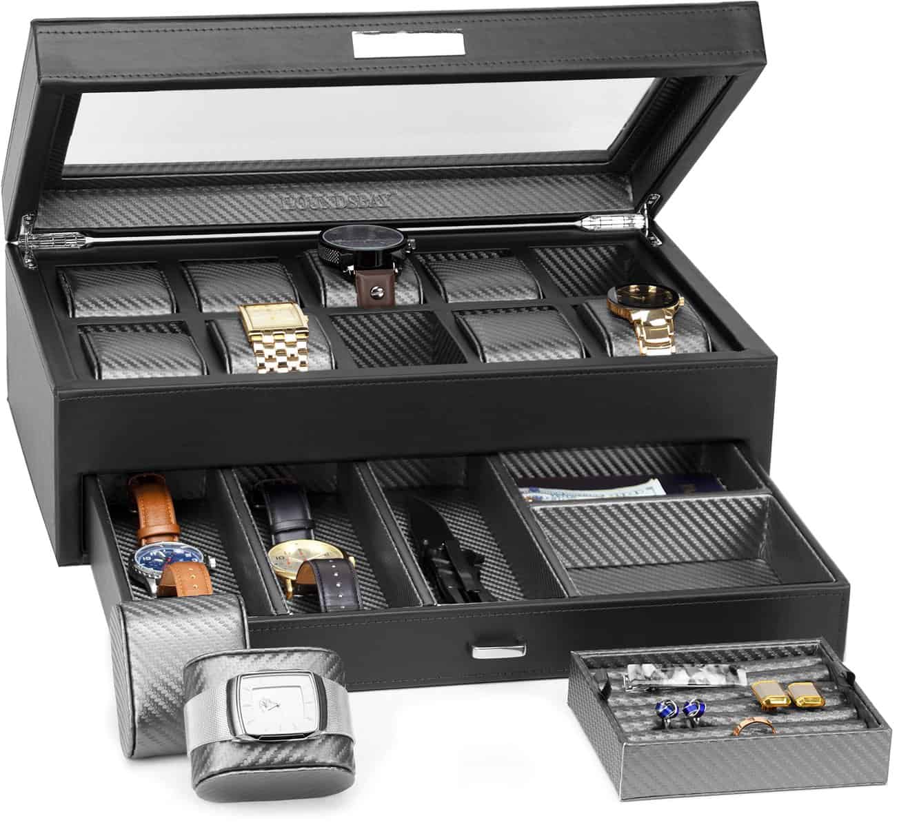 HOUNDSBAY Yachtsman Watch Box Organizer for Men, Watch Case for Men, Watch Display Case for Men, Watch Holder for Men, Jewelry Organizer for Men, Men Watch Box Organizer with Drawer, EDC Storage & Ring Tray