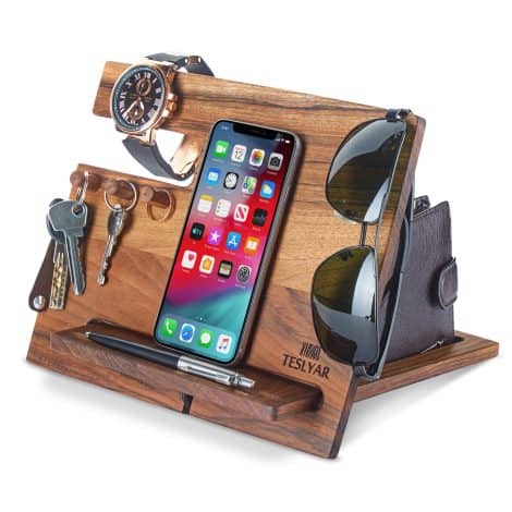 Wooden Phone and Key Holder with Watch Organizer and Wallet Stand – Perfect Gift for Him