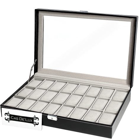 Luxury Watch Box with 24 Slots, Glass Lid, Strong Lock, and Stylish Design for Watches and Jewelry.