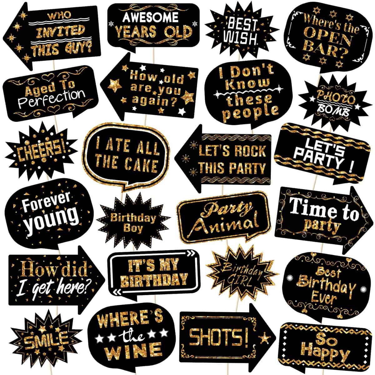 24 Pieces Photo Props Birthday Photo Booth Props with Stick Gold and Black Photo Party Favors Funny Photo Booth Props Party Photo Booth Signs Selfie Props Birthday Decorations for Kids Men and Women