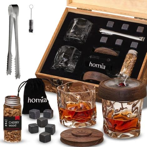 Wooden Smoker Whiskey Gift Set: Includes 13 pieces, 2 Old Fashioned Glasses, Wood Chips, Whiskey Stones (6pcs). Perfect gift for men. (Torch not included).