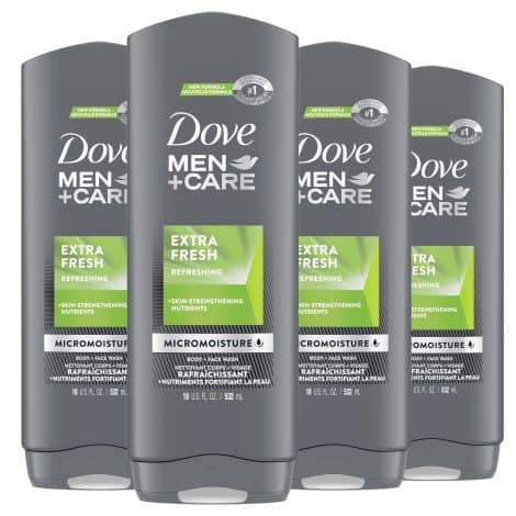 Dove Men+Care Extra Fresh Body Wash: Cleanses and nourishes men’s skin, fights bacteria. 4-pack, 18 oz.