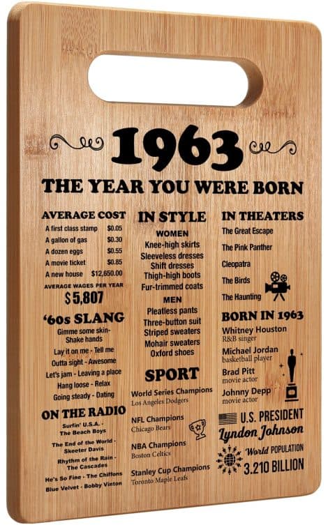 “1963 Nostalgia Gift Set for 60th Birthdays: Poster, Cutting Board, and Decorations for Him or Her.”