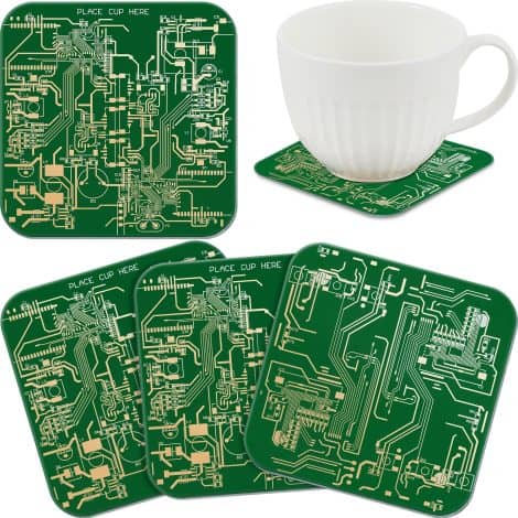 Four Circuit Board Coasters in Black for Drinks – Perfect Gift for Office, Party, or Bar.