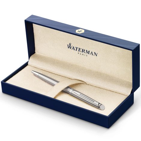 Waterman Hémisphère Ballpoint Pen: Sleek stainless steel, chrome accents, medium point, blue ink, comes in a gift box.