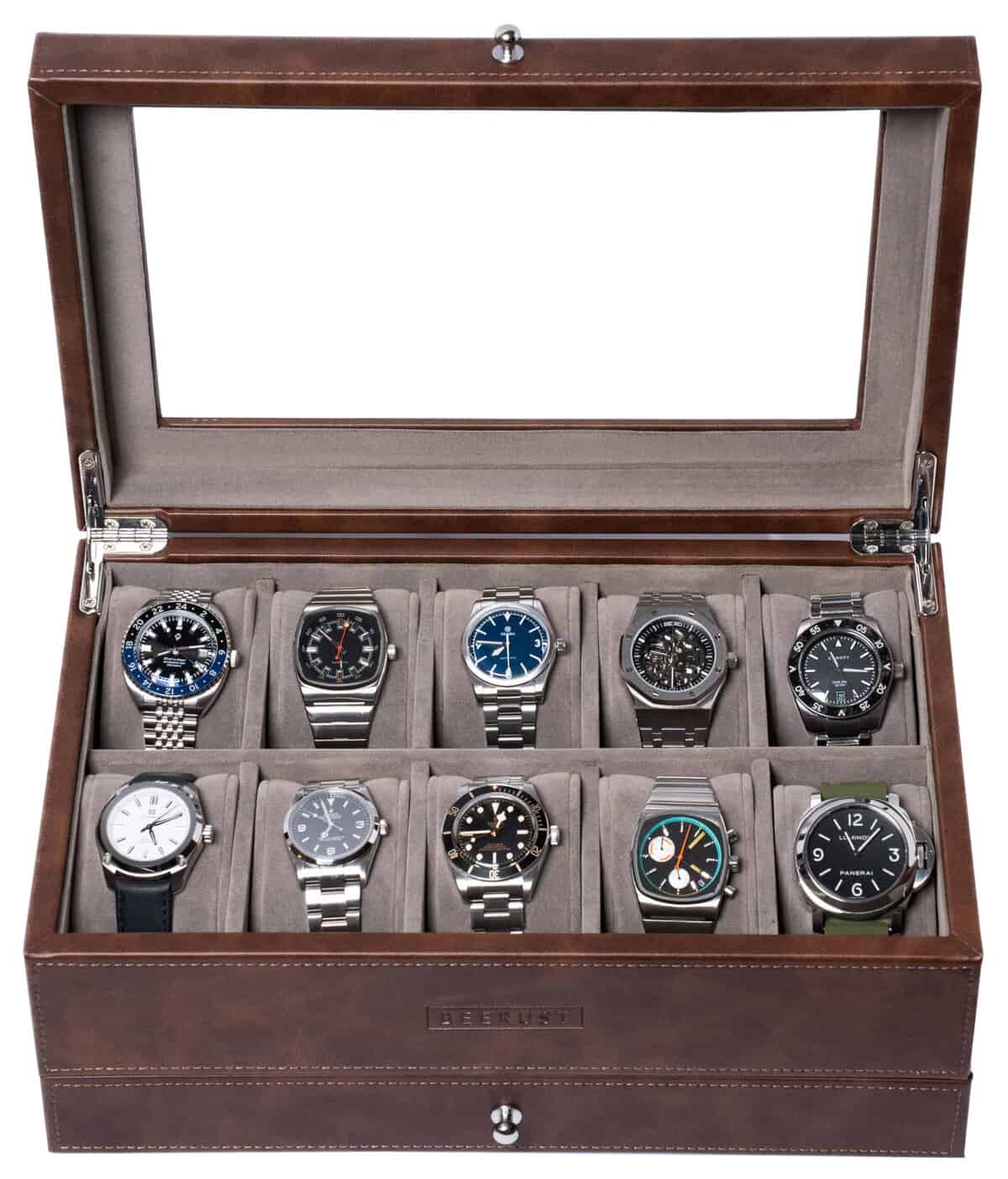 BEERUST Watch box organizer for men - Leather watch case - For large mens wrist watches - Mens jewelry box organizer - Watch case - With mens valet drawer - Watch display case - 10 slot watch box