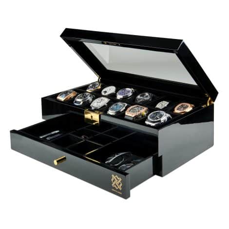 Luxury watch box with glass display, metal lock, spacious compartments for big watches, velvet lining, black finish.