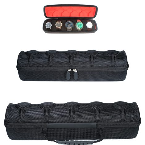 Luxurious red-lined RIGICASE travel case for 5 watches, with soft separation pillow, fits up to 60mm watches.