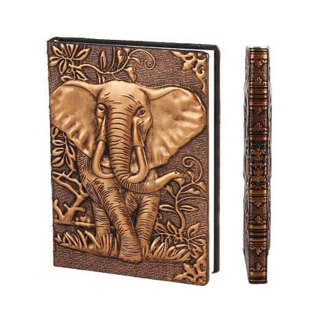 YHH Pocket-sized Vintage Leather Notebook, lined-blank pages, embossed 3D Elephant design, perfect gift for all.