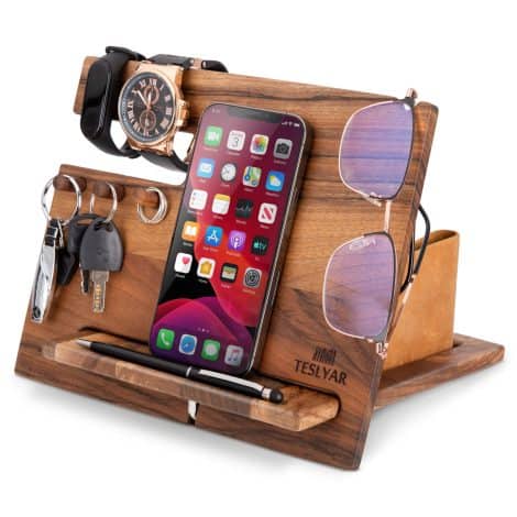 Wooden docking station with hooks for keys, wallet stand, watch organizer, perfect gift for men.