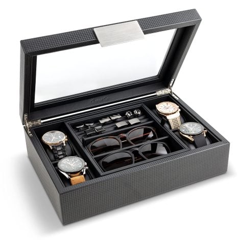 Glenor Co Men’s Valet Jewelry Box – Carbon Fiber Watch Organizer with Tray – Black.