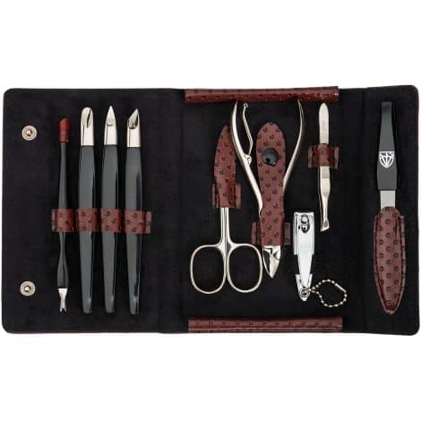 High-quality 9-piece manicure and pedicure set with professional tools in a stylish leather case. Made in Germany.