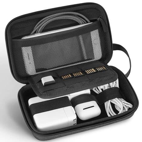 Travel organizer for MacBook accessories, cables, pen, SD card, charger, mouse, power bank, and flash drive.