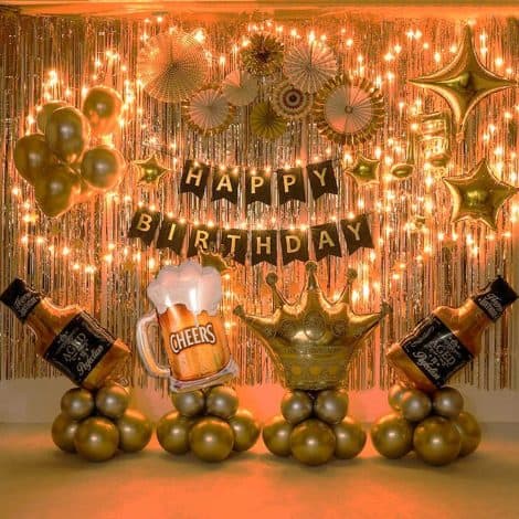 Lux Gold Birthday Decor Set: Perfect adults’ party decorations, featuring exquisite lighting and an elegant backdrop for nighttime celebrations.