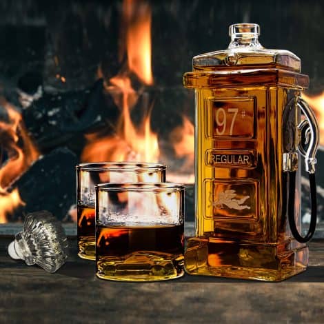 Limited Edition Gas Station-themed Whiskey Decanter Set with Glasses, perfect Whiskey Gifts for Men.