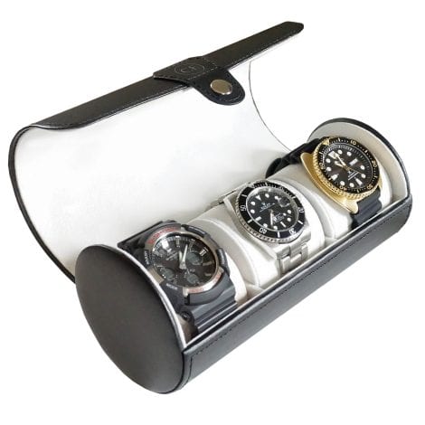 CASE ELEGANCE Eco-friendly Leather Watch Travel Case Roll, Stylish Black, Perfect for Organizing Watches.