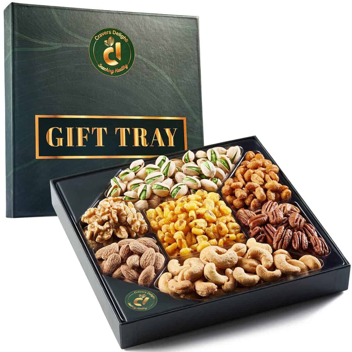 Assorted Nuts Gift Basket - 7 Nut Gift Box with Walnuts, Cashews, Corn Nuts, Honey Roasted Peanuts, Pistachios, Pecans, Almonds - Holiday Nut Sampler Gift - Christmas Food Snacks & Thanksgiving Gifts