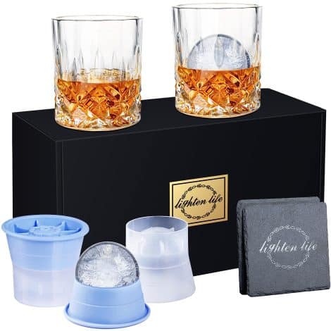 Gift Boxed LIGHTEN LIFE Whiskey Glass Set: 2 Crystal Bourbon Glass, 2 Ice Molds, 2 Coasters. Perfect for men who enjoy Bourbon and Scotch.