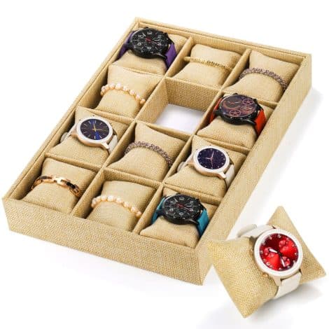 Hedume Burlap Jewelry Display: 12-slot Watch and Bracelet Tray with Linen Box for Men & Women.