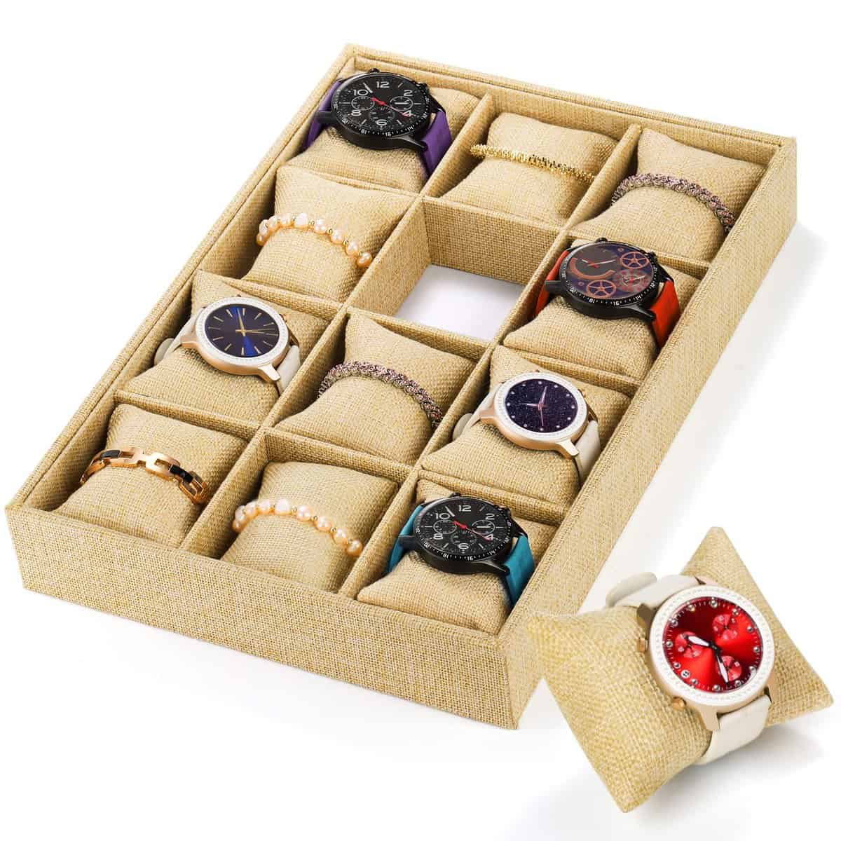 Hedume Burlap Jewelry Display, 12 Slot Sackcloth Watch Jewelry Bracelet Tray, Linen Watch Large Holder Box Display Case Organizer with 12 Grid Pillow for Men and Women